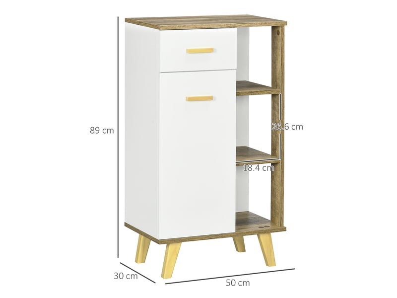 Meuble de salle de bain moderne avec placard, tiroir et étagères en bois, 50 x 30 x 89 cm, blanc  - Conforama E