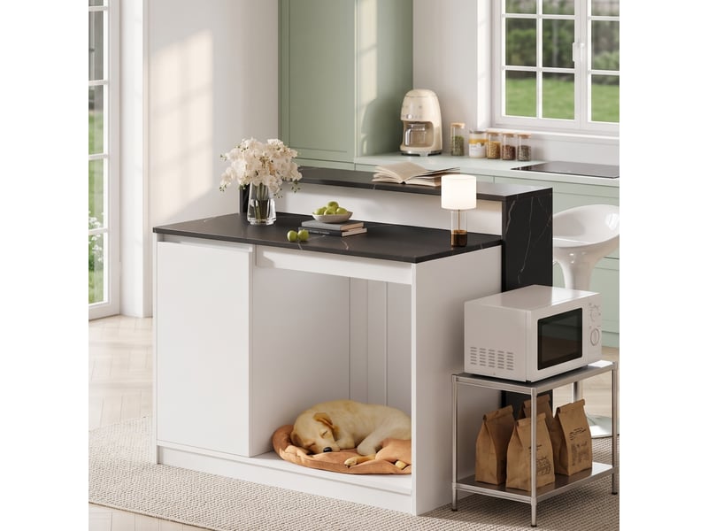  Îlot de cuisine avec comptoir bar et table de cuisine multifonctionnelle, espace animaux, effet marbre noir et blanc, 120x80x100cm.  - Conforama C
