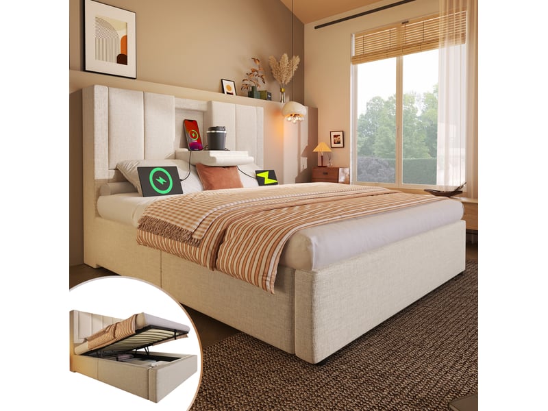  Modenvie lit coffre 90x200 cm - avec rangement, ports usb-c et porte-gobelet, matelas inclus - beige  - Conforama E