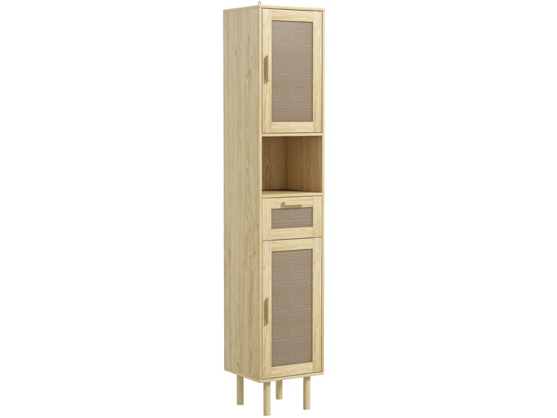  Meuble salle de bain colonne rangement salle de bain avec portes en rotin tiroir 2 placards 32 x 30 x 170 cm chêne  - Conforama A