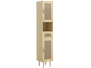 Meuble salle de bain colonne rangement salle de bain avec portes en rotin tiroir 2 placards 32 x 30 x 170 cm chêne