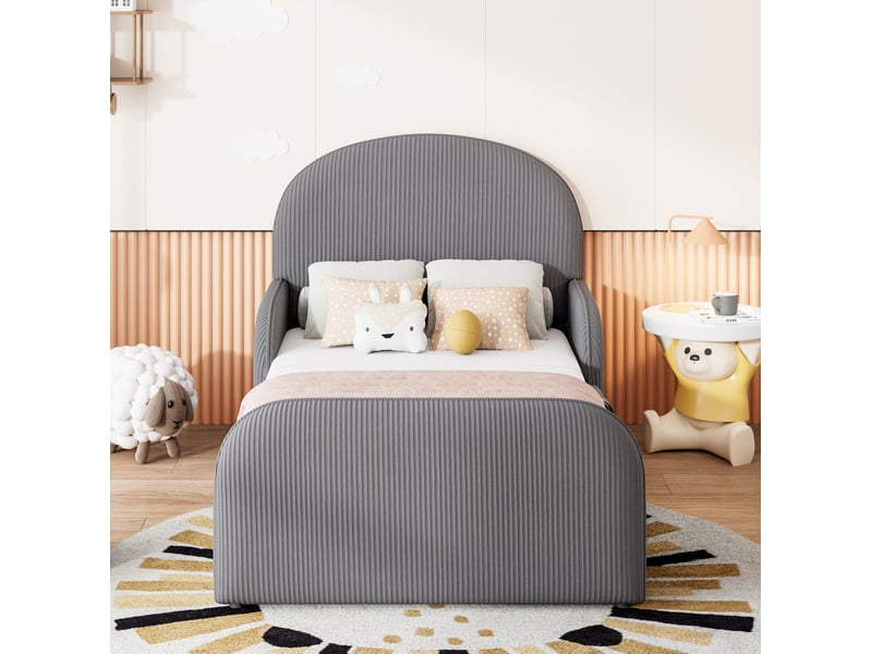  Lit enfant 90x200 cm avec coffre hydraulique, sommier à lattes et barrières gris  - Conforama E