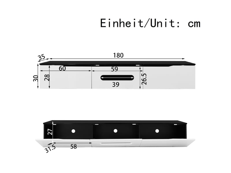  Meuble tv 180x35x30 cm avec led 16 couleurs contrôlée par application, mdf noir et blanc  - Conforama E
