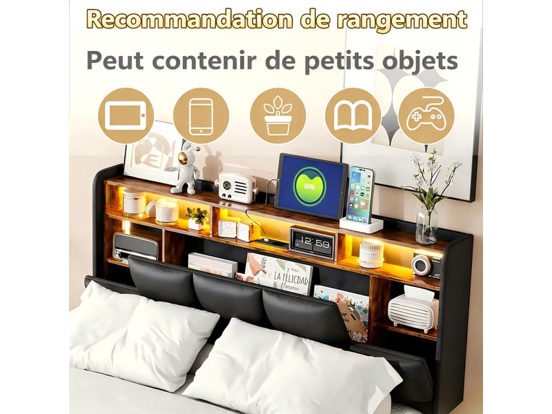  Kefsr lit coffre 160x200 cm, lit double adulte capitonné en similicuir avec led rgb, tête de lit rangement et ports de charge, noir  - Conforama R