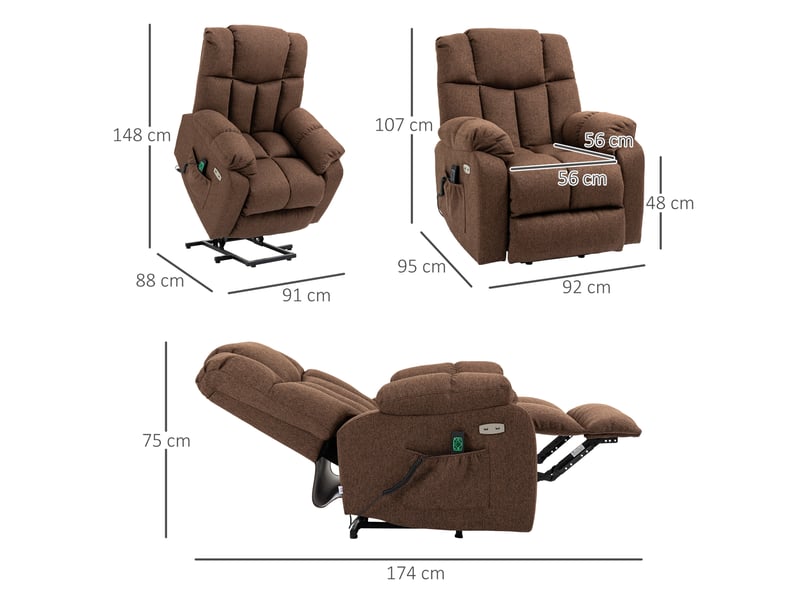  Fauteuil relax électrique releveur marron avec télécommande et ports usb, inclinaison 145°  - Conforama C