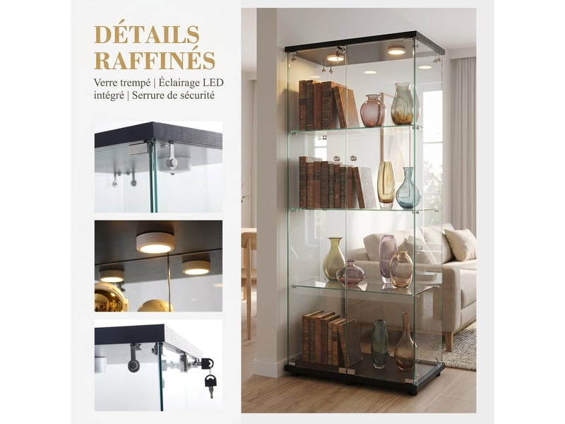  Vitrine en verre avec led- verre trempé miroir- vitrine armoire pour collection-4 niveaux- 2 portes-serrure de sécurité- 80×36×164cm-noir  - Conforama R