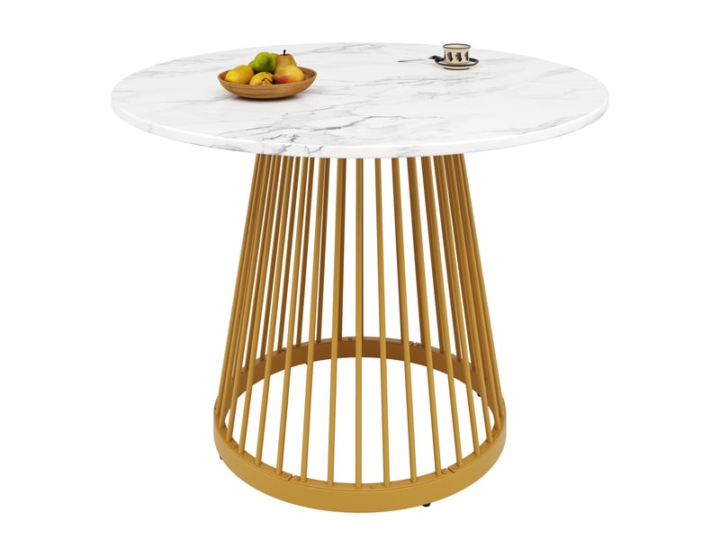 Table ronde ø 80 cm, table de salle à manger, effet marbre, pieds en métal, mdf, blanc et doré - Conforama A