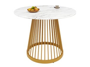Table ronde ø 80 cm, table de salle à manger, effet marbre, pieds en métal, mdf, blanc et doré