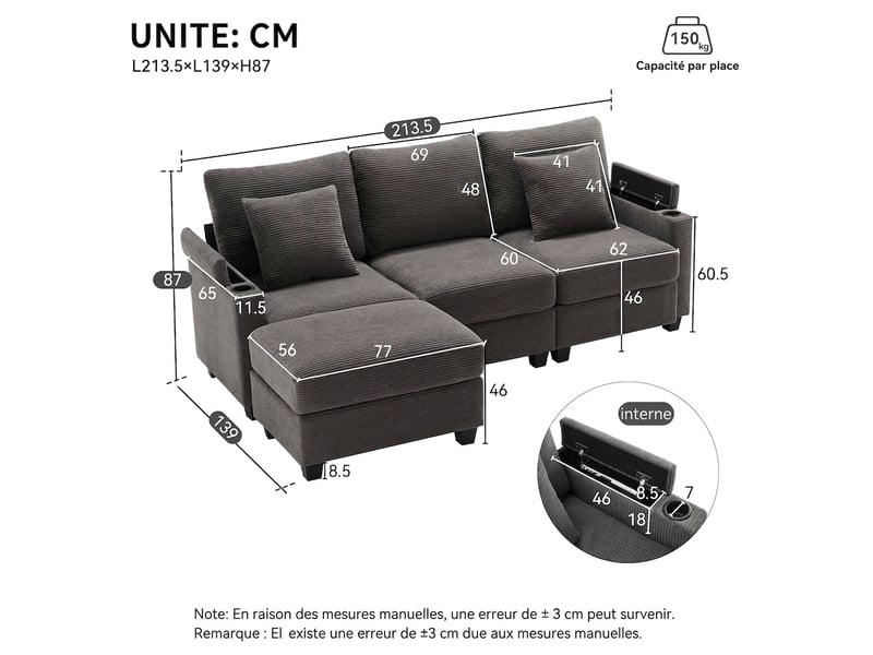  Canapé d'angle réversible 3 places avec pouf - velours côtelé gris foncé - port usb &amp; porte-gobelet  - Conforama C