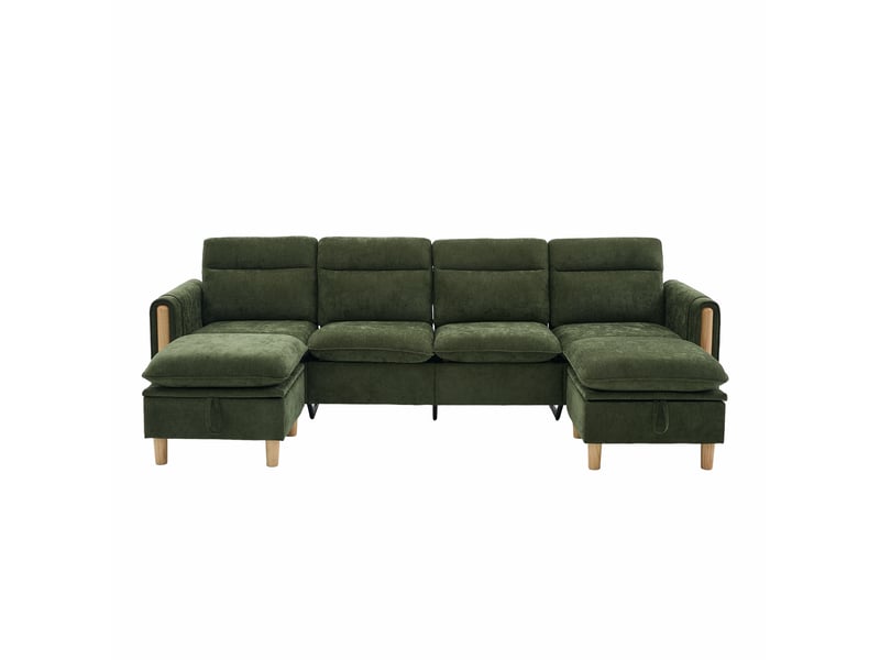  Canapé 4 places avec 2 poufs de rangement 261x77x86 cm chenille vert  - Conforama A