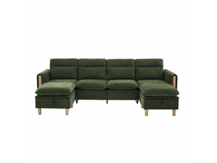 Canapé d'angle panoramique fixe <strong>MODFU</strong> <strong></strong> 4 places Tissu vert avec coffre de rangement