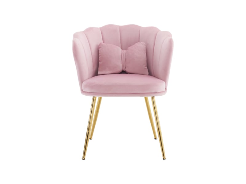 Chaise de salon rose en velours, chaise rembourrée avec dossier en pétale, pieds en métal plaqué or et coussin papillon - Conforama A