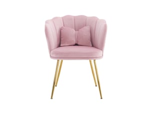 Chaise de salon rose en velours, chaise rembourrée avec dossier en pétale, pieds en métal plaqué or et coussin papillon