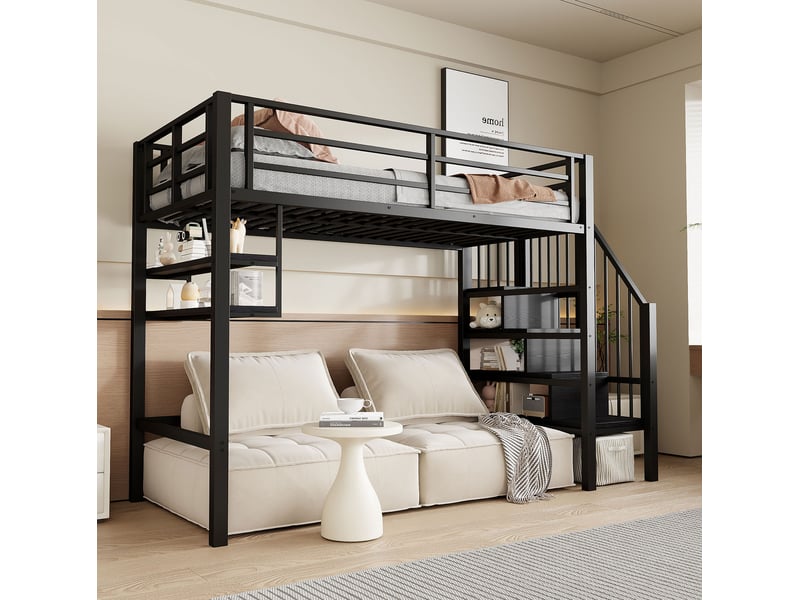  Lit mezzanine enfant 90 x 200 cm noir avec étagères et échelle de rangement  - Conforama C