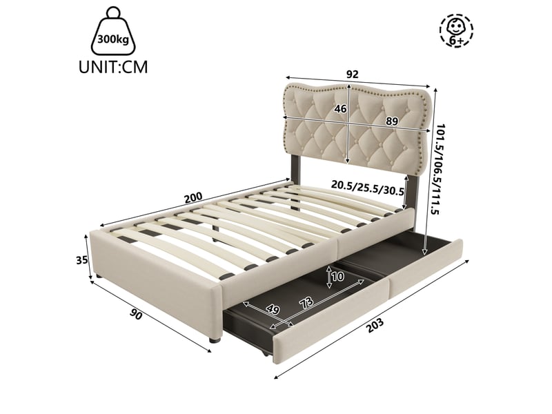  Modenvie lit 1 place 90x200 cm - tête de lit réglable, 2 tiroirs de rangement - usage quotidien - beige  - Conforama C