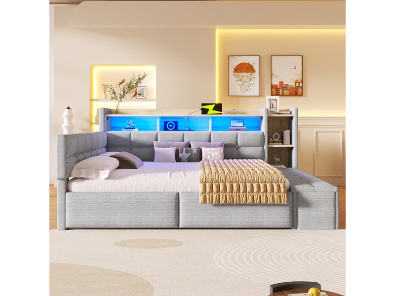  Lit de jour 140 × 190 cm avec deux tiroirs, usb type-c, étagère, led, sans matelas, velours gris, style moderne  - Conforama D