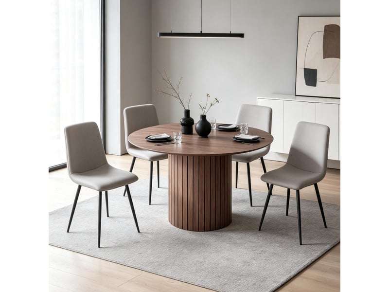 Table de salle à manger ronde pour 6 personnes avec pied cylindrique strié, en bois marron foncé, diamètre 120 cm  - Conforama D