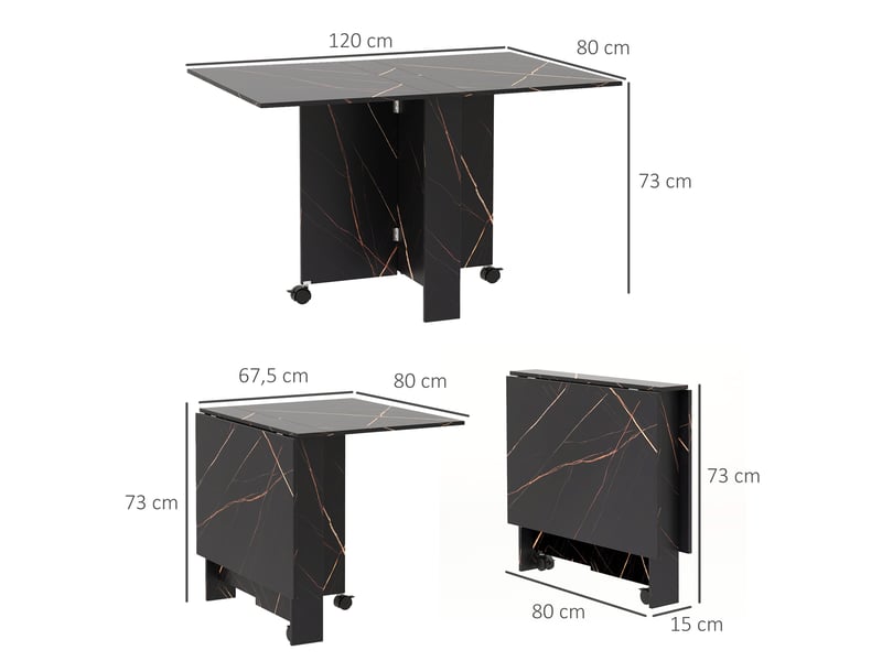  Table pliante cuisine table à manger pliable avec 2 abattants 2 roues avec freins 120 x 80 x 73 cm noir marbré imitation  - Conforama E