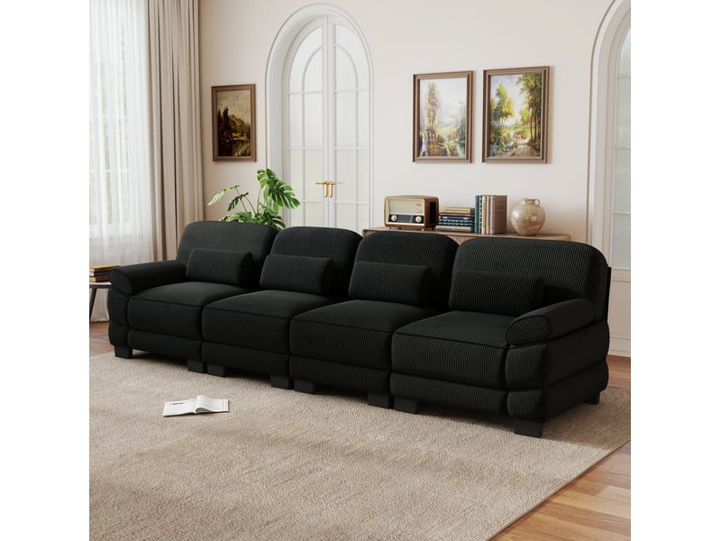  Canapé droit modulable 4 places 336x88,5x94 cm en velours côtelé noir  - Conforama B
