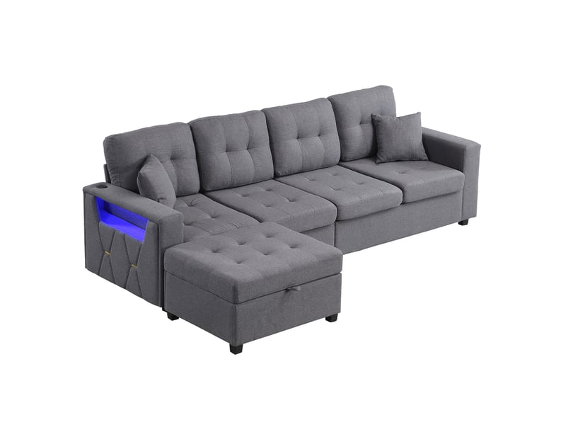 Canapé en l modulable,253x144,5x80,7 cm,4 places avec rangement,tissu lin,gris antique - Conforama A
