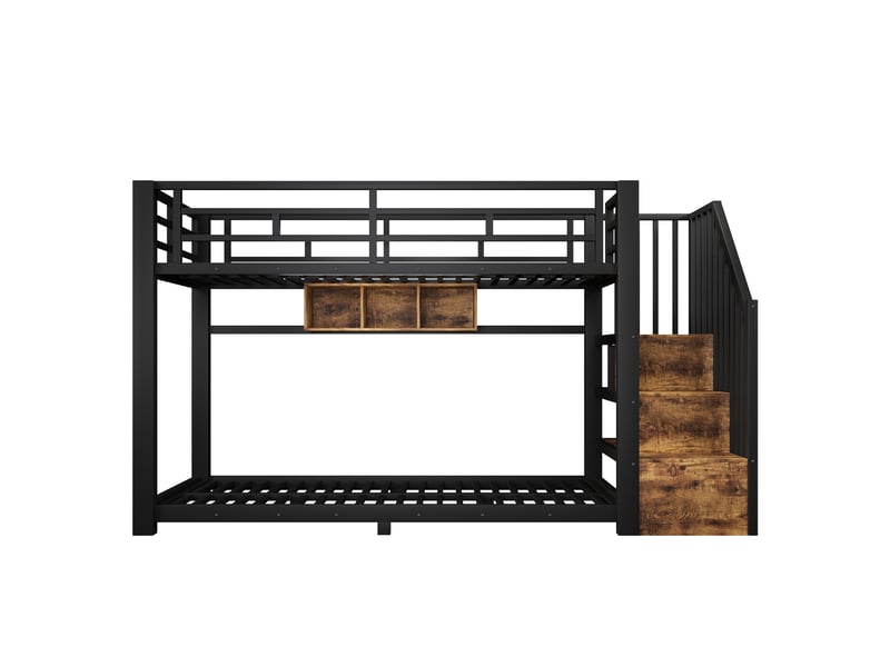  Lit superposé enfant 90 x 200 cm en métal avec led réglable, 3 compartiments, escalier de rangement et garde-corps, noir  - Conforama B