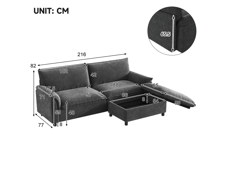  Canapé d'angle modulable 3 places gris avec pouf de rangement  - Conforama C