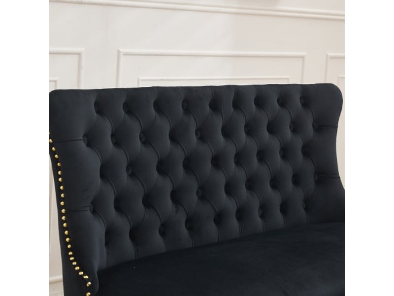  Banquette 2 places velours noir capitonnée, dos à ailes, boutons faits main, pieds en acier doré – mi-siècle moderne  - Conforama D