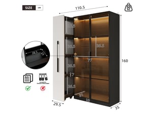 Vitrine moderne avec éclairage led, armoire haute noir et blanc 110.5x35x160 cm, meuble de rangement avec porte en verre