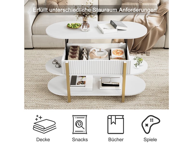  Table basse relevable 106x45x50 cm - plateau relevable avec coffre et 2 étagères de rangement - ovale - blanc  - Conforama C