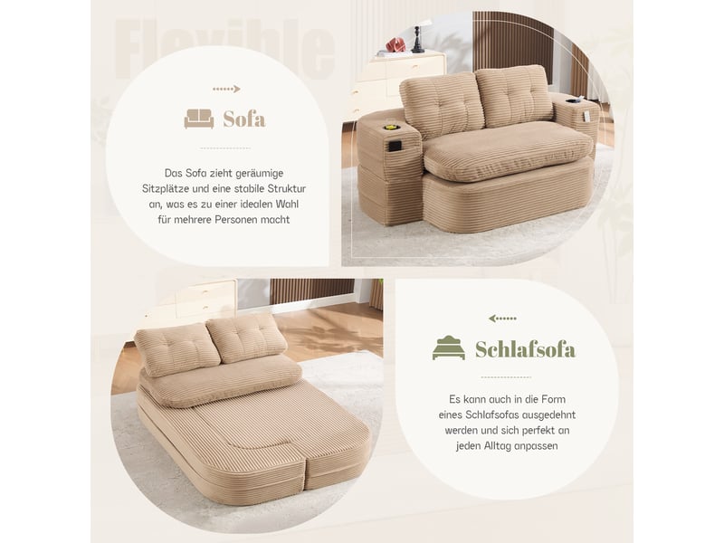 Canapé convertible, canapé-lit, en velours tricoté, kaki, porte-gobelets, assise profonde, pliable, 2 en 1 - Conforama E