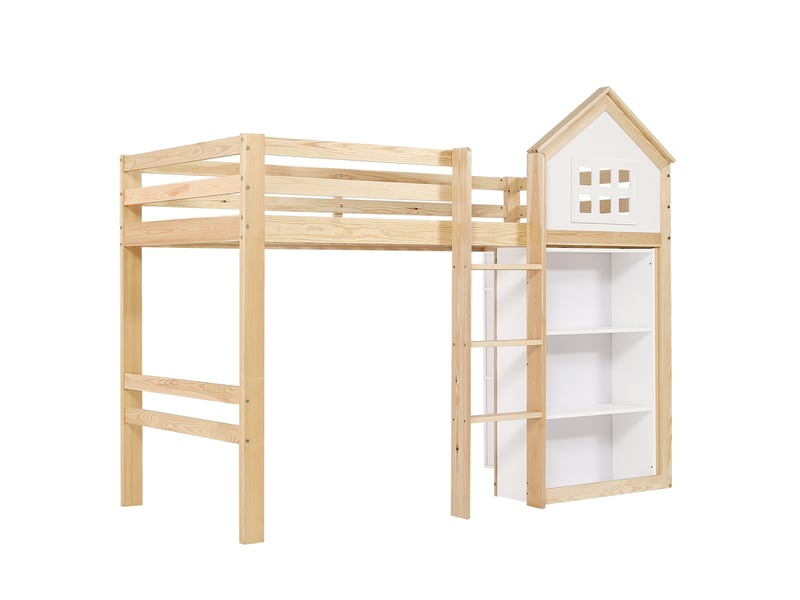  Lit mezzanine enfant 90x200 cm – blanc et naturel – design maison, 3 tiroirs, marches sécurisées et barrières  - Conforama D