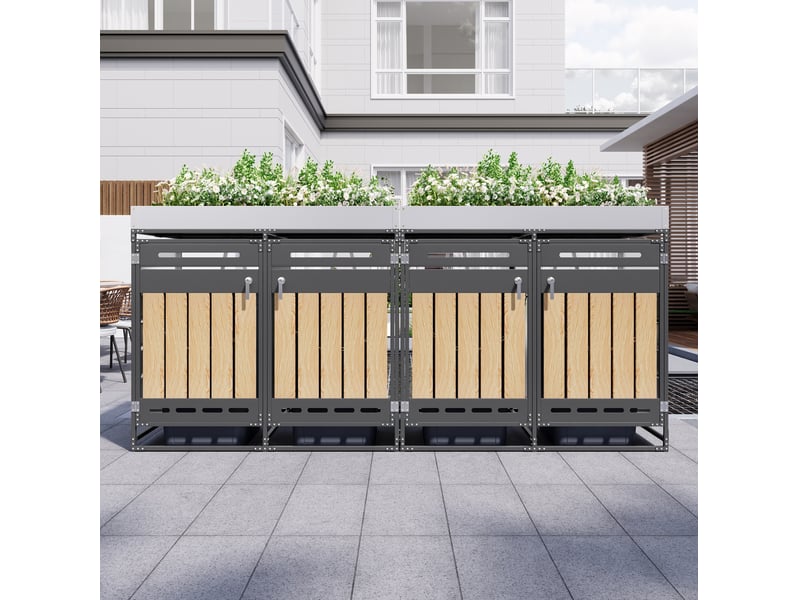  Coffre à poubelles 4 compartiments en métal noir avec jardinière intégrée et portes verrouillables, pour extérieur  - Conforama D