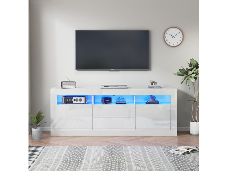  Meuble tv blanc brillant 160 x 35 x 60 cm avec led, 3 niches, 2 portes et 2 tiroirs  - Conforama D