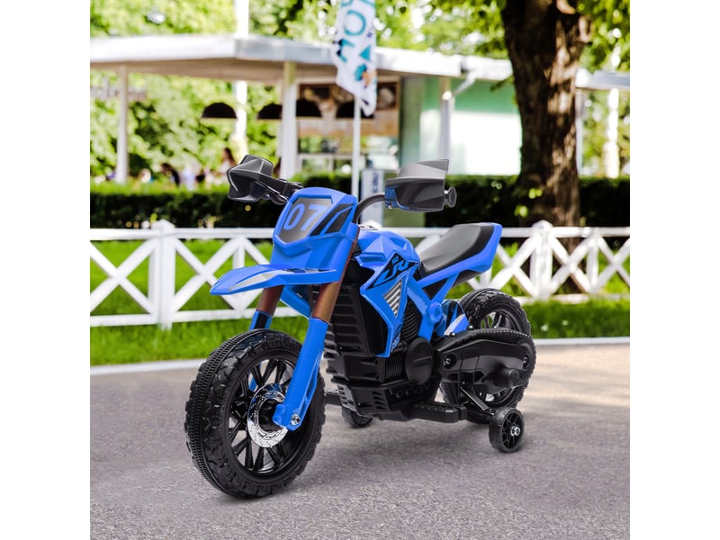  Moto électrique enfant 3-8 ans, 2 moteurs 12v, petites roues, klaxon, max 3 kmh, max 30 kg, bleue.  - Conforama D