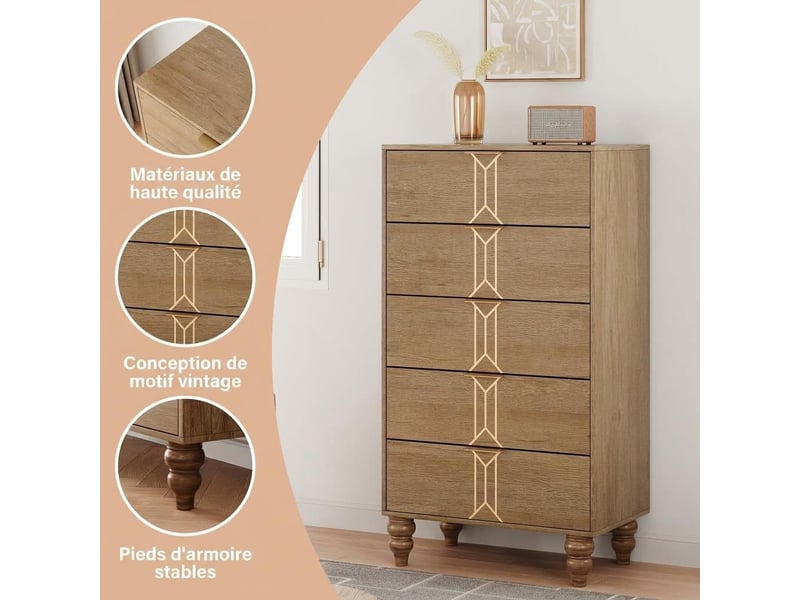 – commode haute 5 tiroirs en bois – grand capacité de rangement – design vintage moderne – parfaite pour chambre, salon, entrée PHO_107N6B56 - Conforama C