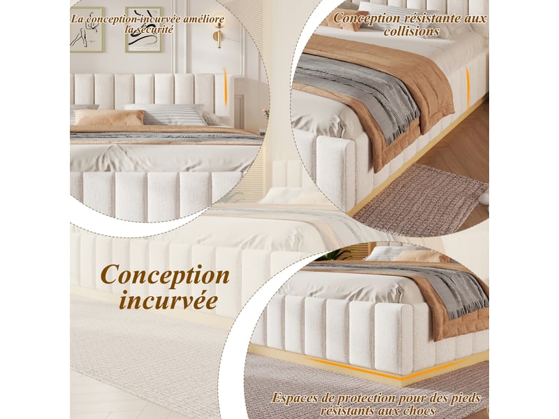  Lit double rembourré 180x200 cm lit adulte avec sommier à lattes, chenille, beige evarich - Conforama D