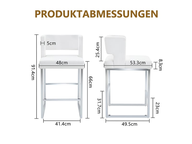  Lot de 2 tabourets de bar 53x48x91 cm, blanc, pu, métal argenté, chaises hautes assise carrée, cuisine  - Conforama C