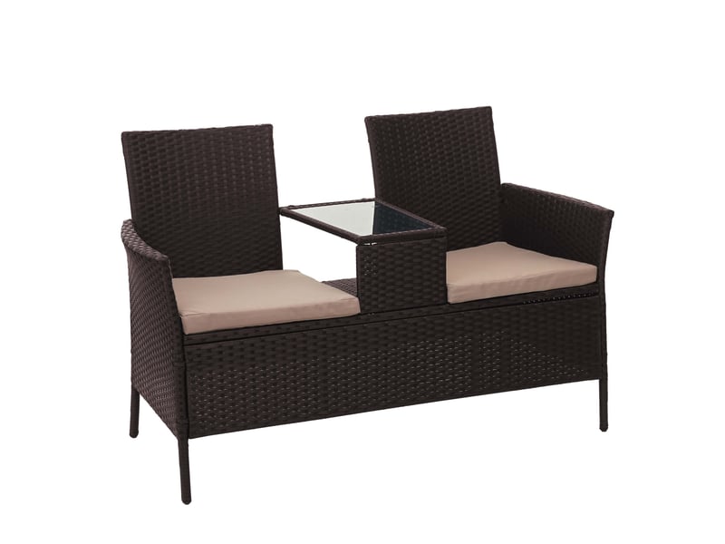 Banc en polyrotin avec table fauteuils chaises de jardin 132cm marron coussin crème 04_0001138 - Conforama A
