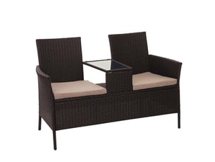 Banc en polyrotin avec table fauteuils chaises de jardin 132cm marron coussin crème 04_0001138
