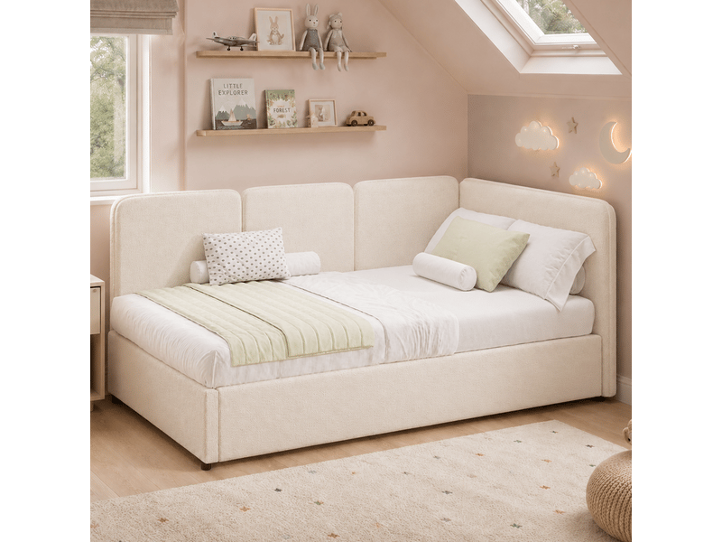  Lit enfant lit simple 90x200 cm avec coffre hydraulique, banquette lit réversible, tissu bouclé, beige OPULERANE TRADING LTD - Conforama B