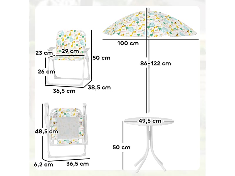  Ensemble table et chaises de jardin pour enfants, 4 pièces, chaises pliantes, parasol réglable, motif éléphant, blanc  - Conforama D