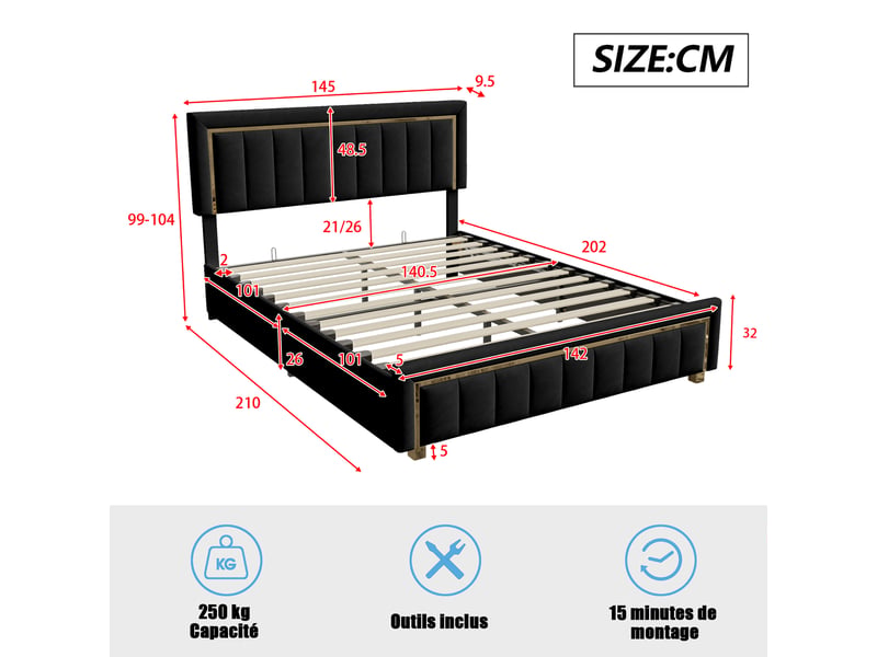  Lit coffre hydraulique 140 x 200 cm, cadre de lit double en velours avec rangement hydraulique, finitions dorées, tête de lit capitonnée à rainures verticales, noir, matelas non inclus  - Conforama D