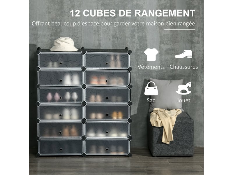  Armoire meuble à chaussures modulable 94l x 37l x 108h cm 12 cubes capacité rectangulaires 24 paires de chaussures  - Conforama A