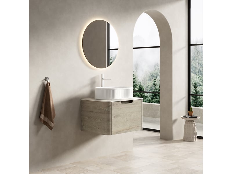 Meuble vasque suspendu 60 cm avec tiroir à fermeture douce - lpospi - vasque ovale céramique, pierre frittée beige et blanc 60 × 46 × 50,2 cm - Conforama C