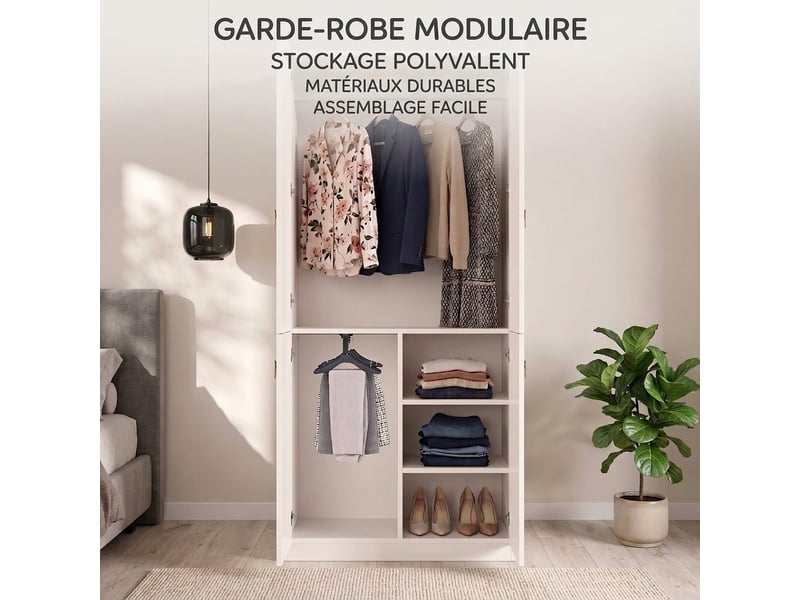 Armoire penderie 4 portes 90x50x200 cm avec 2 tiroirs et penderie, finition chêne - Conforama D