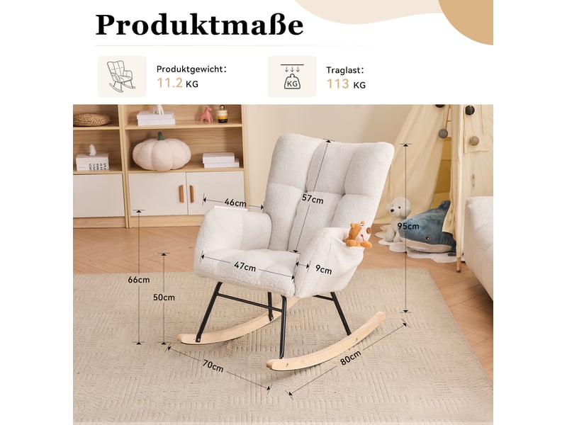  Fauteuil à bascule modenvie en tissu teddy blanc 80 x 70 x 95 cm  - Conforama C