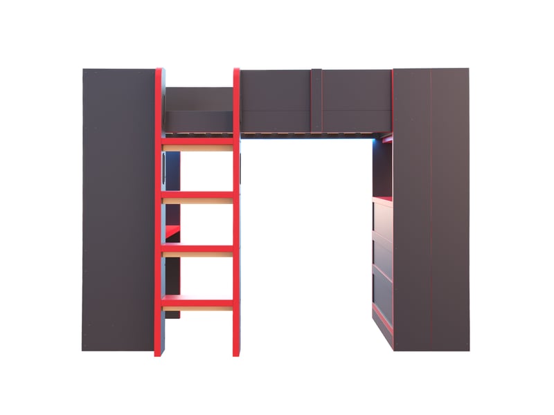  Lit mezzanine 90x200 cm avec bureau, rangements, led et prises, noir et rouge, sans matelas  - Conforama R