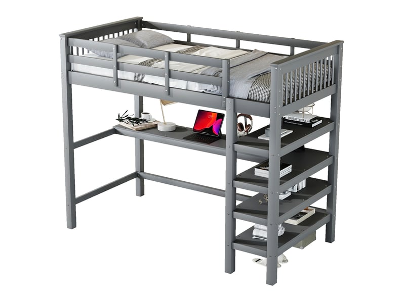  Lit mezzanine enfant 90x200 cm avec bureau et étagères gris  - Conforama A