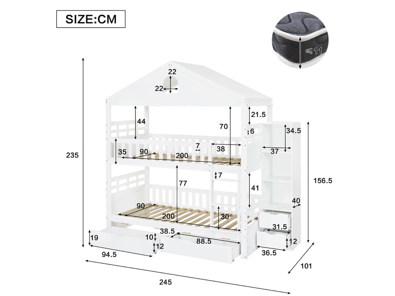 Lit superposé enfant 90 × 200 cm 2 places avec 2 tiroirs, rangement latéral et barrières, sans matelas, blanc  - Conforama D