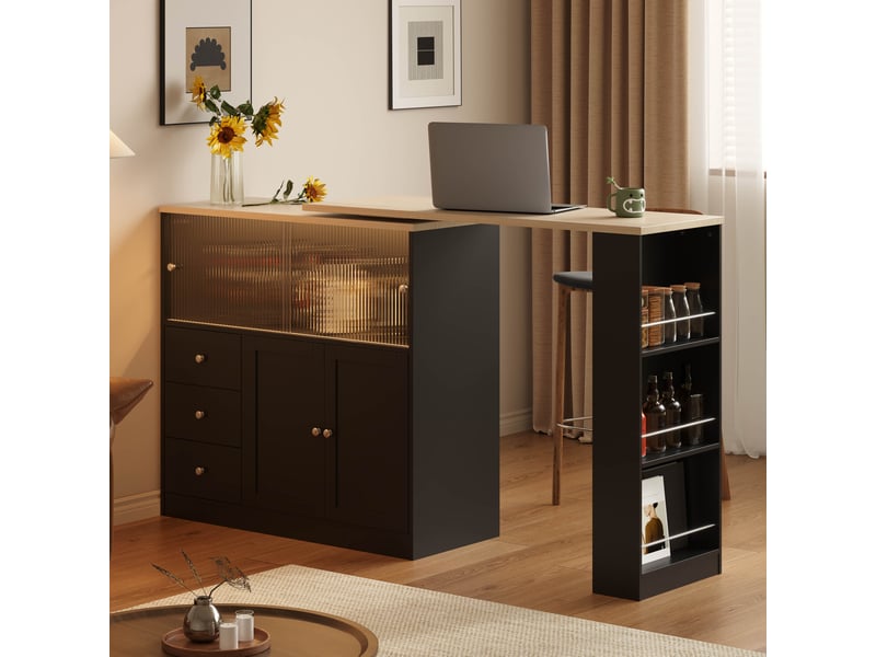  Îlot de cuisine table bar 172x40x96 cm - table pivotante à 360° - porte coulissante vitrée - tiroir et étagères latérales - mdf - noir CozyNest - Conforama D